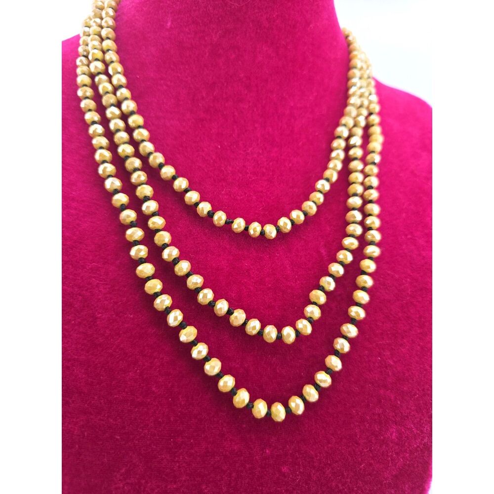 Flapper 60" Glass Bead Necklace Hand Knotted Opaque Metallic Rondells Boho Chic